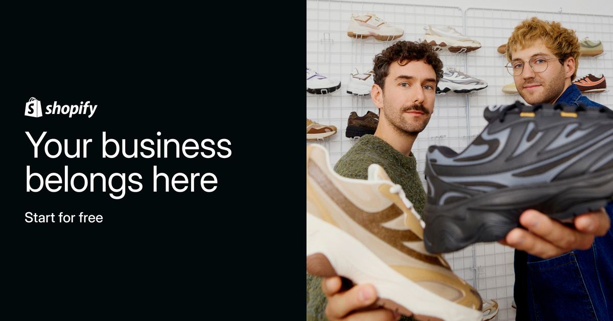 Two founders holding a sneaker: your business belongs here on Shopify